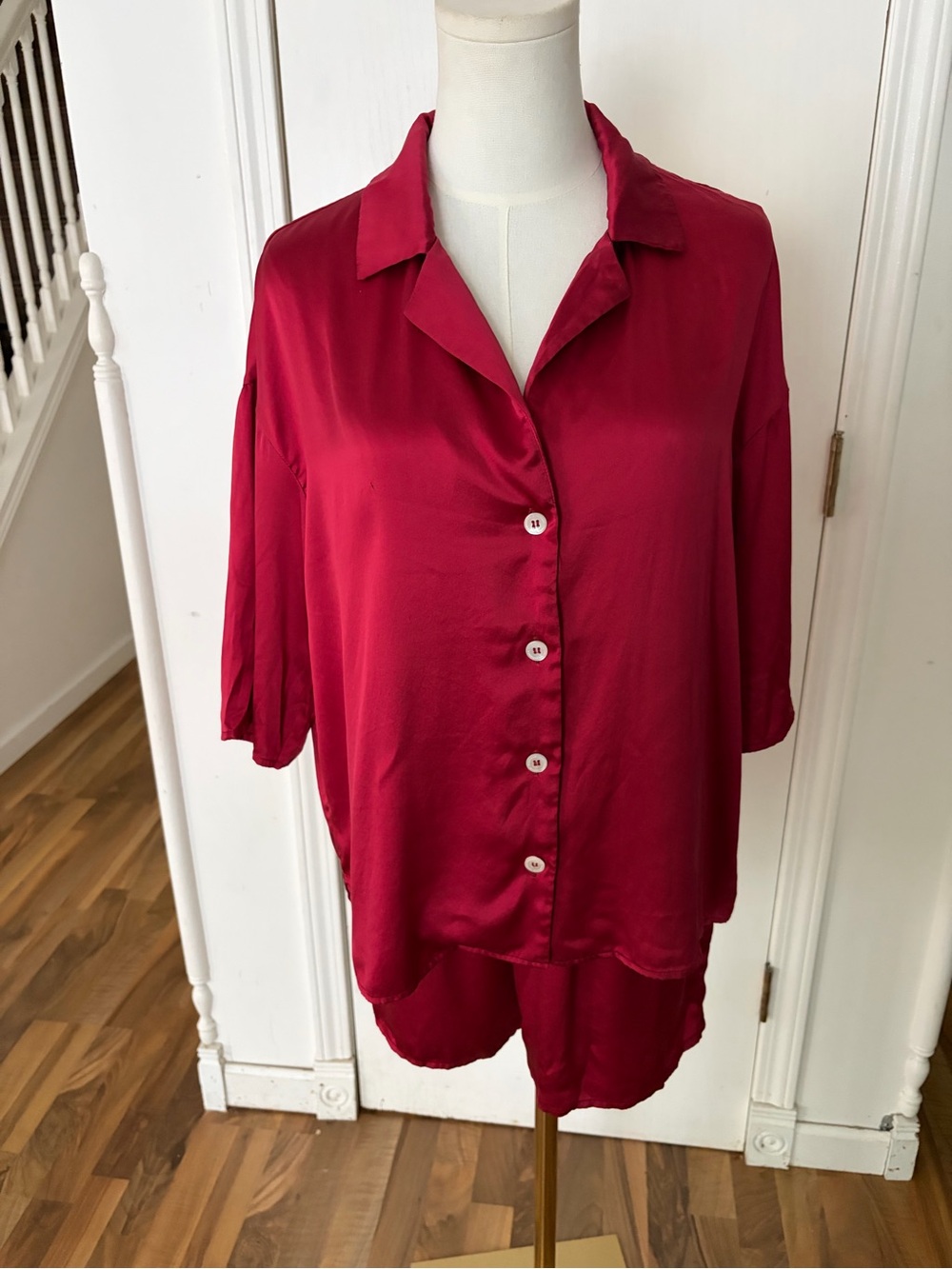 Mulberry Silk Button-Front Red Satin Pajama Set, Short Sleeve & Shorts, Medium